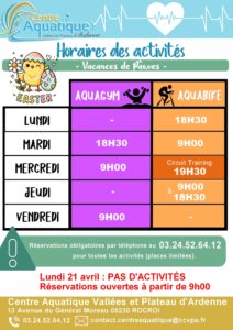 Aquagym, aquabike, circuit-training pendant les vacances de printemps (zone B) au Centre Aquatique Vallées et Plateau d'Ardenne