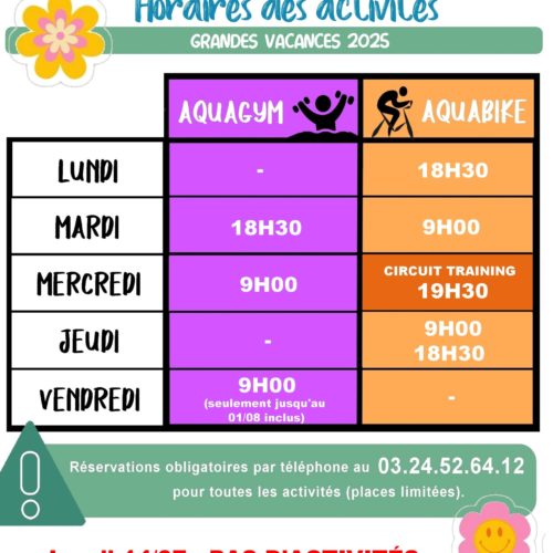 horaires des activités aquagym, aquabike et circuit training du 30/06 au 31/08