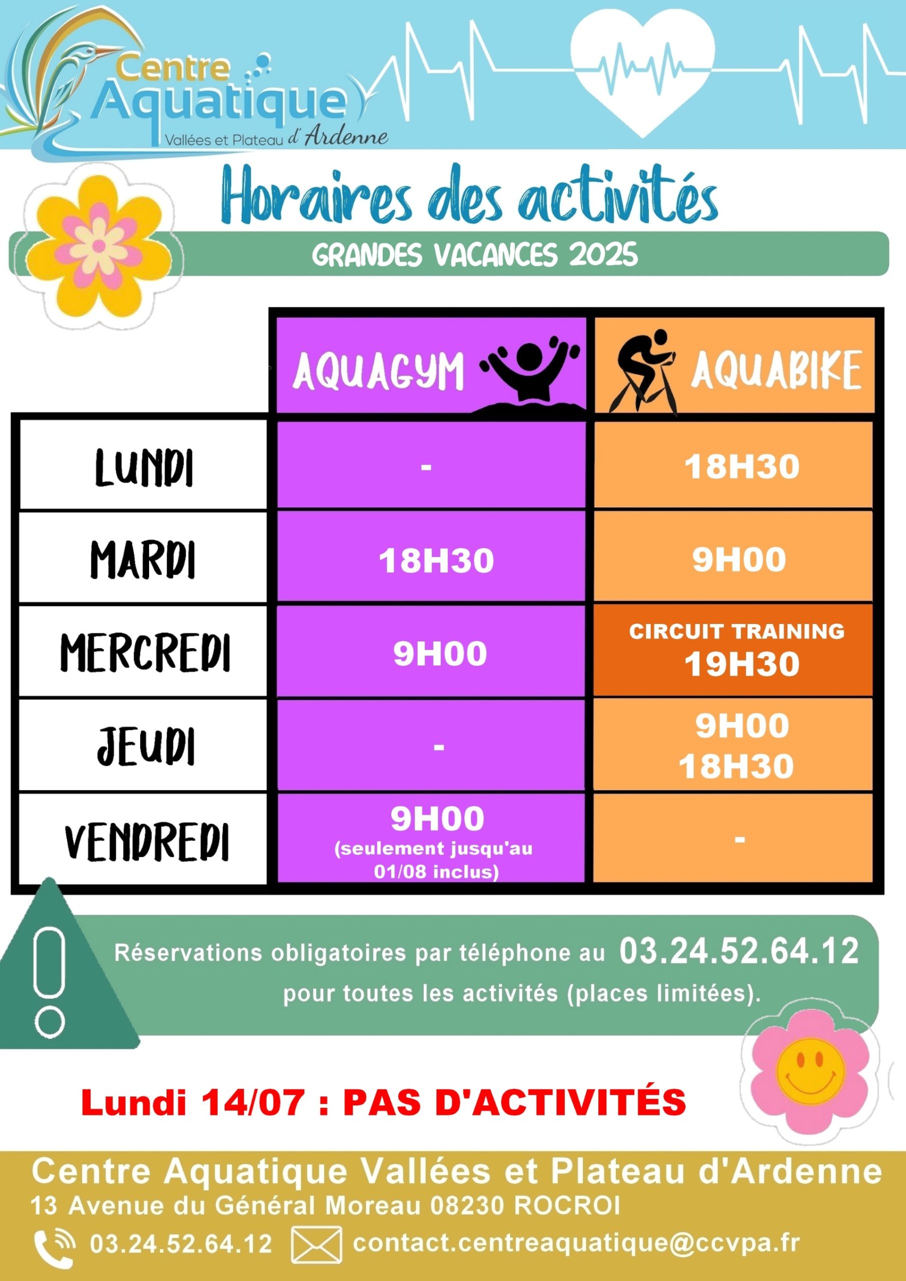 horaires des activités aquagym, aquabike et circuit training du 30/06 au 31/08