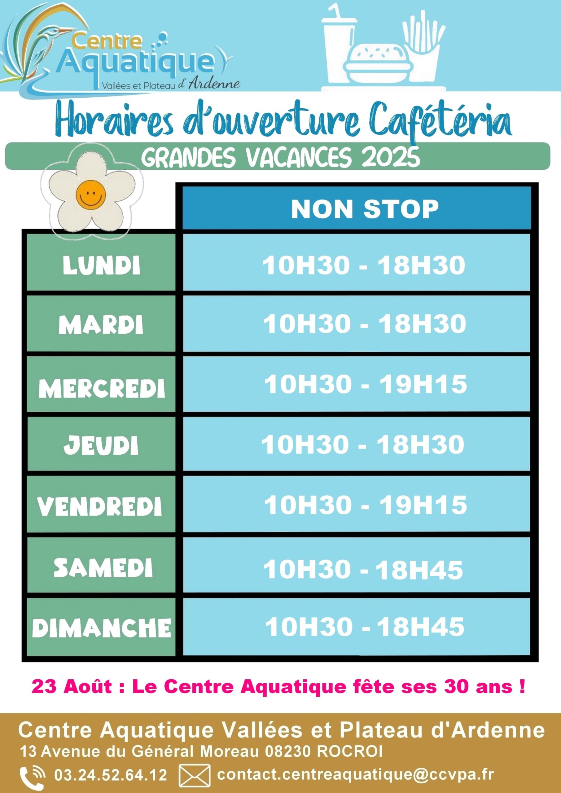 Horaires de la Cafétéria pour les grandes vacances