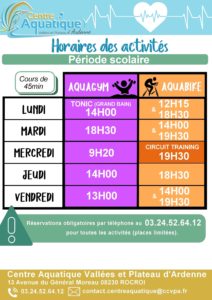 renseigner les horaires des activités aquabike, aquagym et circuit training lors de la période scolaire