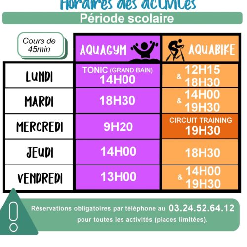 renseigner les horaires des activités aquabike, aquagym et circuit training lors de la période scolaire