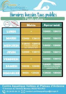 Donner les horaires d'ouverture de la partie aquatique au public pour la période scolaire