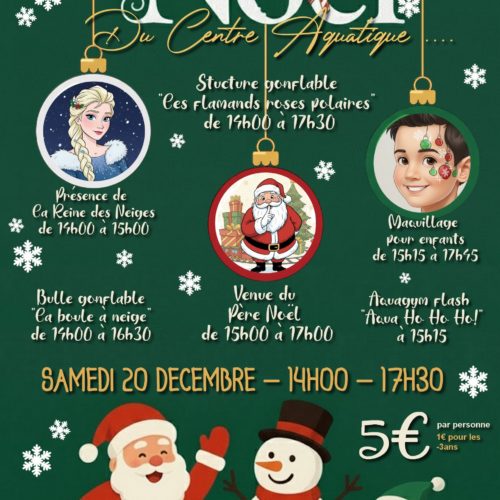 Affiche contenant les informations relatives aux animations de Noël prévue le 20/12/2025 au Centre Aquatique Vallées et Palteau d'Ardenne
