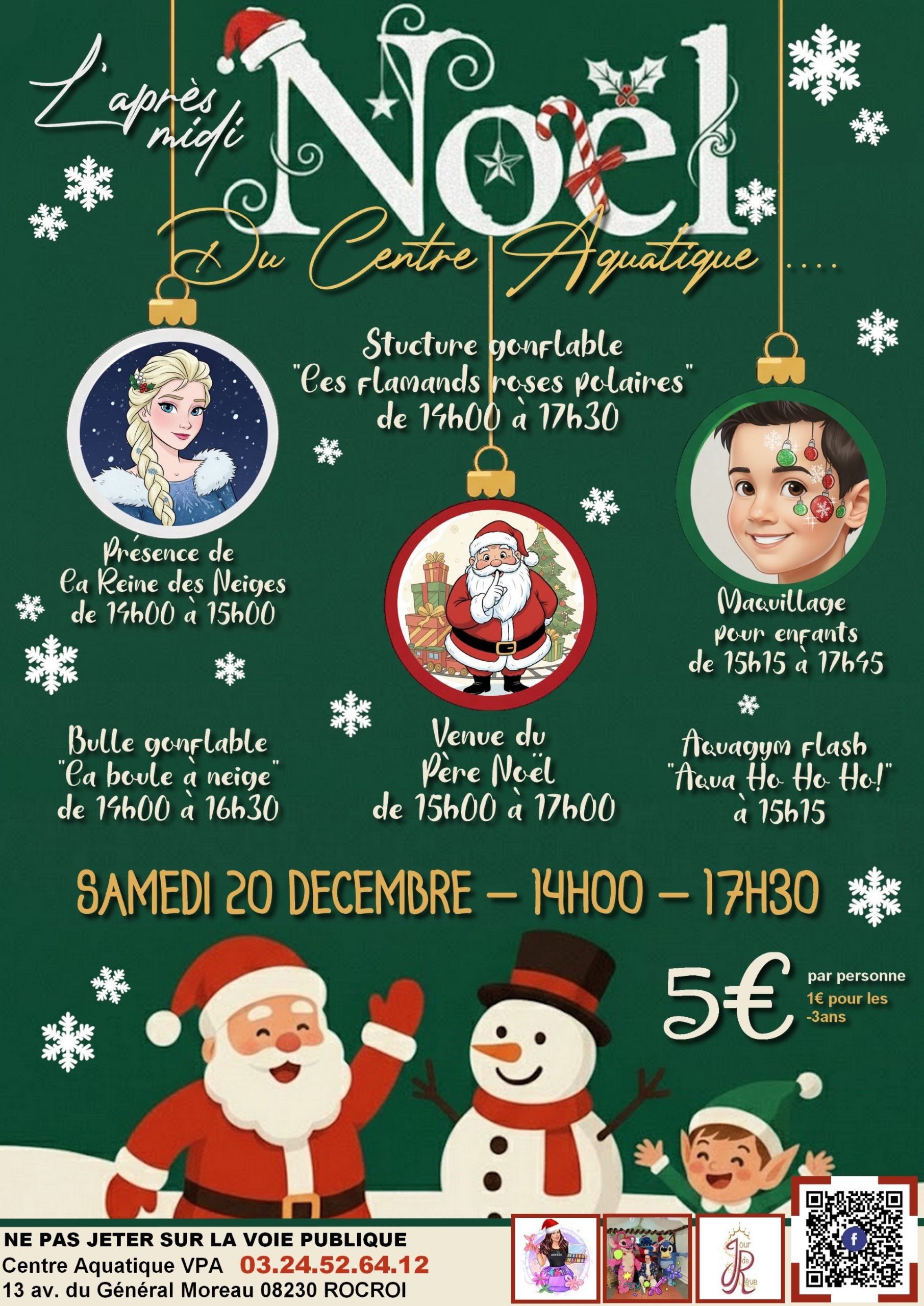 Affiche contenant les informations relatives aux animations de Noël prévue le 20/12/2025 au Centre Aquatique Vallées et Palteau d'Ardenne