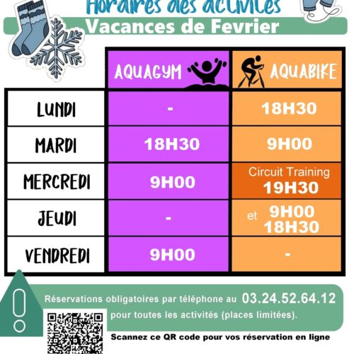 Horaires des Activités aquagym, aquabike et circuit training du 16 février au 1er mars