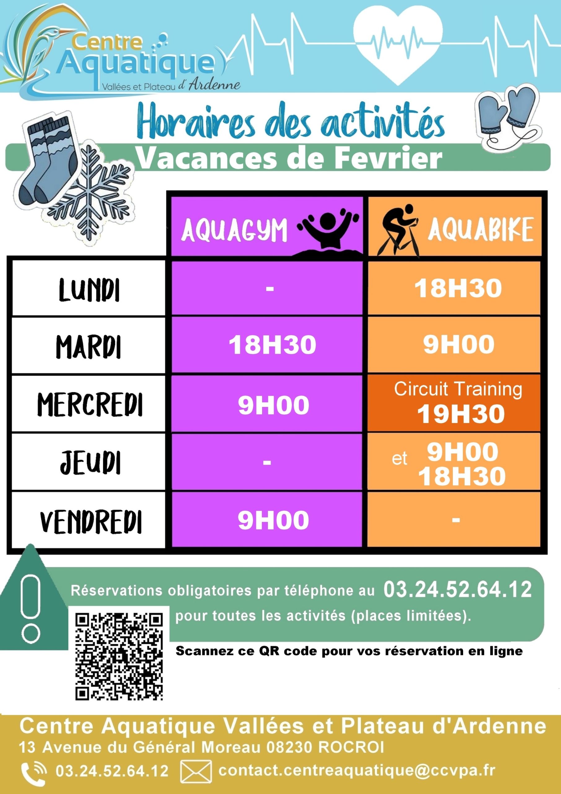 Horaires des Activités aquagym, aquabike et circuit training du 16 février au 1er mars