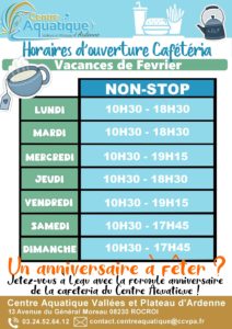 Donner les horaires d'ouverture de la Cafétéria du Centre Aquatique pour les vacances de février