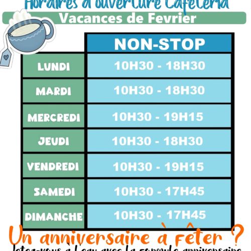 Donner les horaires d'ouverture de la Cafétéria du Centre Aquatique pour les vacances de février