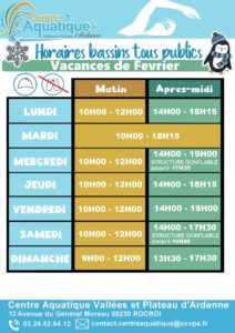 Communiquer les horaires d'ouverture piscine pendant les vacances de février zone B
