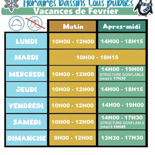 Communiquer les horaires d'ouverture piscine pendant les vacances de février zone B