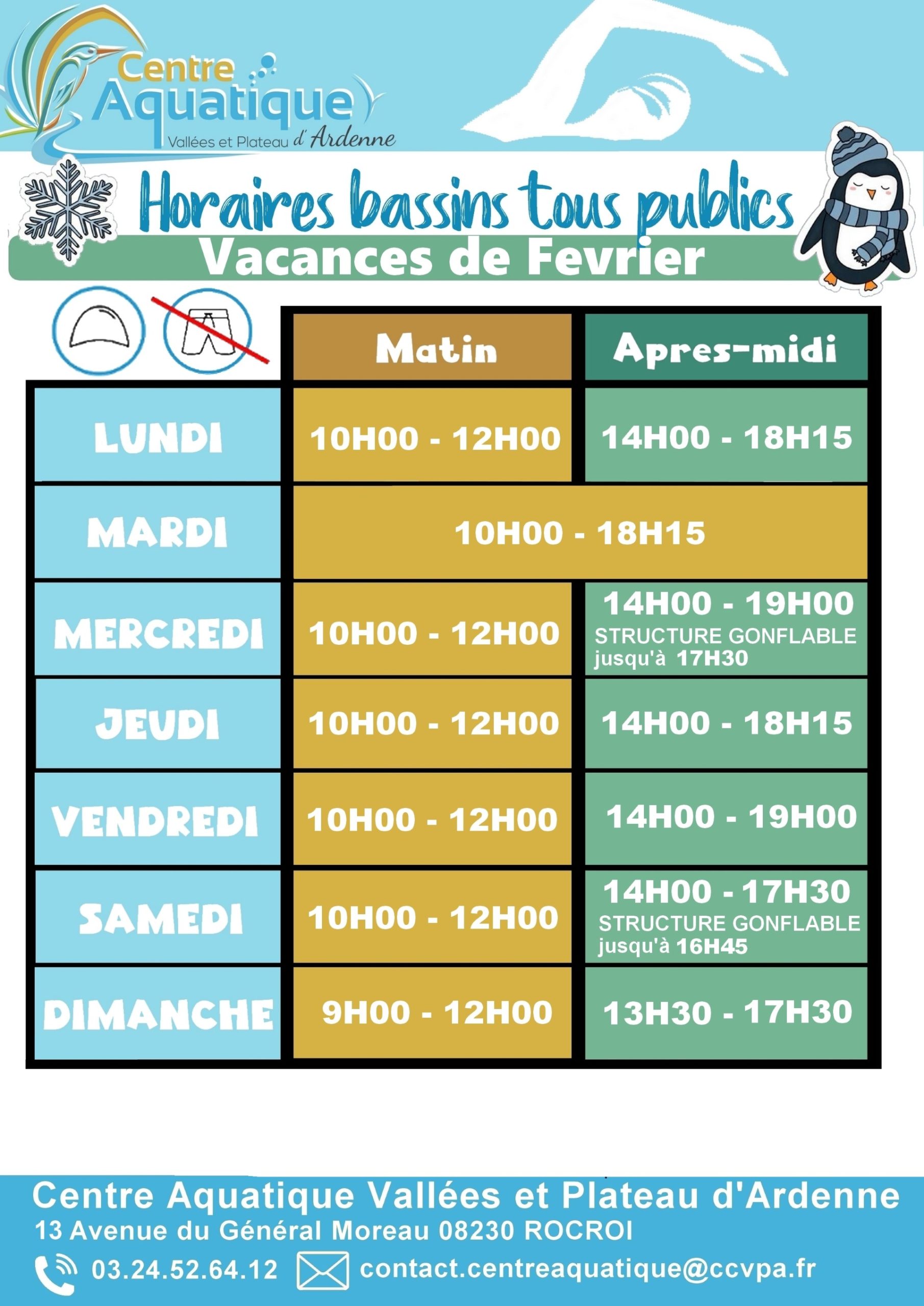 Communiquer les horaires d'ouverture piscine pendant les vacances de février zone B