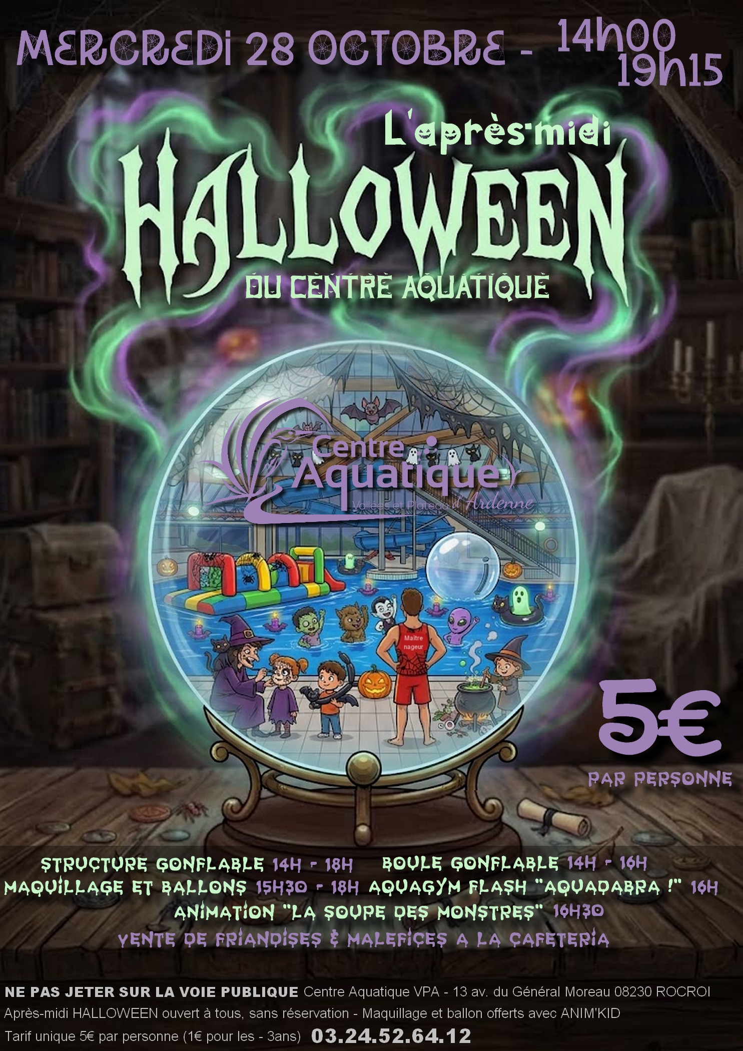 affiche concernant l'animation Halloween du 28/10/2026 à la piscine de Rocroi
